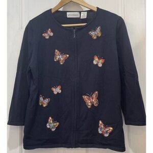 Alfred Dunner Blue Full Zip Butterfly 3/4 Sleeve Cardigan Women’s Size Small